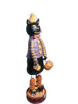 Figurine d'art populaire d'Halloween en bois de chat noir vintage rare Mark Roberts mesurant 16 pouces de hauteur