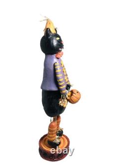 Figurine d'art populaire d'Halloween en bois de chat noir vintage rare Mark Roberts mesurant 16 pouces de hauteur