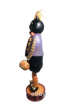 Figurine d'art populaire d'Halloween en bois de chat noir vintage rare Mark Roberts mesurant 16 pouces de hauteur