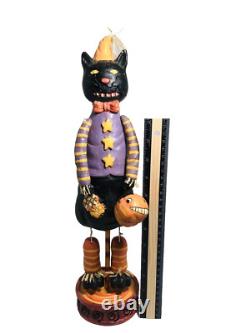 Figurine d'art populaire d'Halloween en bois de chat noir vintage rare Mark Roberts mesurant 16 pouces de hauteur