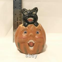 Figurine en cire RARE représentant un garçon de chœur, une citrouille d'Halloween vintage et un chat noir. Telle quelle.