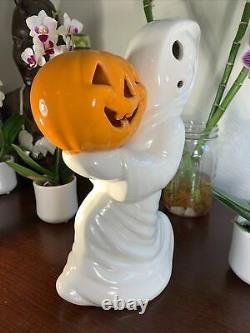 Halloween Vintage Ceramic Ghost Avec Citrouille Jack O Lantern 12 Light Up Rare