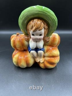 Jardinière d'Halloween Automne Vintage Relpo A1999 Fille Pieds Nus Assise sur des Citrouilles Rare