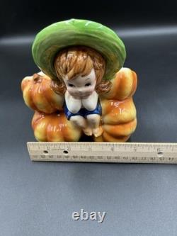 Jardinière d'Halloween Automne Vintage Relpo A1999 Fille Pieds Nus Assise sur des Citrouilles Rare