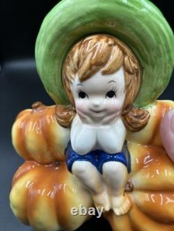 Jardinière d'Halloween Automne Vintage Relpo A1999 Fille Pieds Nus Assise sur des Citrouilles Rare