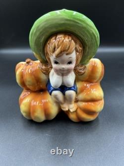 Jardinière d'Halloween Automne Vintage Relpo A1999 Fille Pieds Nus Assise sur des Citrouilles Rare