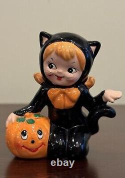 Jeune fille d'Halloween VTG Lefton en costume de chat noir avec figurine de citrouille 3 rare