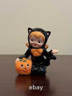 Jeune fille d'Halloween VTG Lefton en costume de chat noir avec figurine de citrouille 3 rare