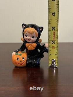 Jeune fille d'Halloween VTG Lefton en costume de chat noir avec figurine de citrouille 3 rare