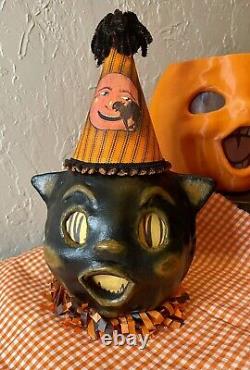 Lanternes en papier mâché de style vintage pour Halloween - Chat noir fait main - Art populaire
