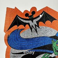 Lot rare de découpages réfléchissants et en relief pour Halloween vintage des années 1970 : sorcière volant avec un hibou et un chat.