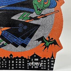 Lot rare de découpages réfléchissants et en relief pour Halloween vintage des années 1970 : sorcière volant avec un hibou et un chat.