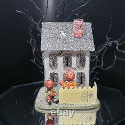 Maison hantée Poliwoggs miniature de 4 pouces, style Putz pour Halloween avec citrouille, RARE VTG.