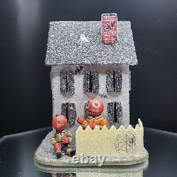Maison hantée Poliwoggs miniature de 4 pouces, style Putz pour Halloween avec citrouille, RARE VTG.
