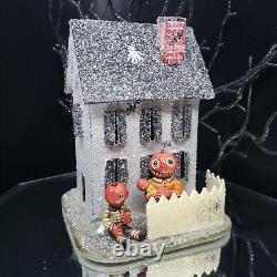 Maison hantée miniature Poliwoggs style Putz pour Halloween, citrouille de 4 pouces, RARE VTG