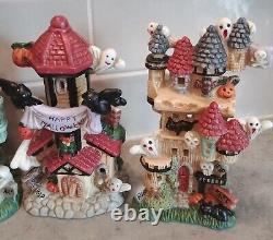 Maisons de village hantées en porcelaine VTG par Kurt S Adler. Lot rare de 5 pièces pour Halloween en excellent état.