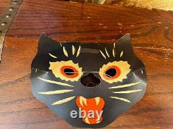 Masque de chat en carton antique vintage rare des années 1920-1930 pour Halloween avec découpe de bouche