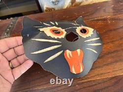 Masque de chat en carton antique vintage rare des années 1920-1930 pour Halloween avec découpe de bouche