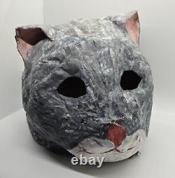 Masque de chat en papier mâché vintage rare et effrayant pour Halloween, art folklorique de Mardi Gras