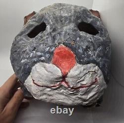 Masque de chat en papier mâché vintage rare et effrayant pour Halloween, art folklorique de Mardi Gras