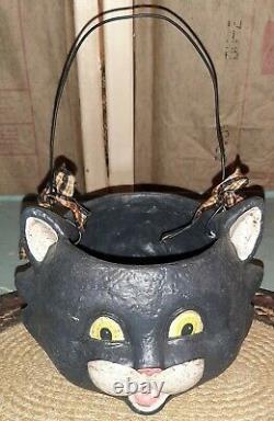 Panier à bonbons en céramique noire Vintage Rare peint à la main en forme de chat pour Halloween.