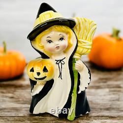 Pot de sorcière Vintage Relpo Halloween A1904 Petite fille citrouille balai Étiquette Rare