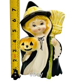 Pot de sorcière Vintage Relpo Halloween A1904 Petite fille citrouille balai Étiquette Rare