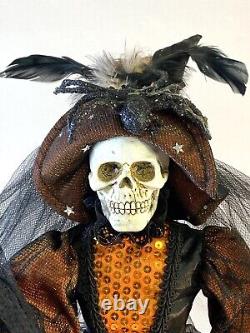 Poupée sorcière squelette vintage victorienne debout décoration Halloween rare en orange