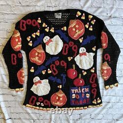 Pull Vintage BEREK des années 80/90 en crochet double face brodé pour Halloween, RARE.