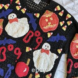 Pull Vintage BEREK des années 80/90 en crochet double face brodé pour Halloween, RARE.