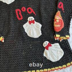 Pull Vintage BEREK des années 80/90 en crochet double face brodé pour Halloween, RARE.