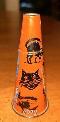 RARE Antique Vintage Halloween Tin Litho Toy Horn Noisemaker Germany 1930s WORKS	<br/> <br/>TRANSLATION: RARE Jouet ancien en tôle lithographiée pour Halloween, Corne à bruit Allemagne Années 1930 FONCTIONNE