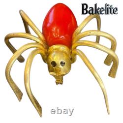 RARE Broche épinglette araignée en Bakélite rouge et laiton des années 1930 Halloween Goth Deco