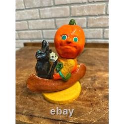 RARE Conteneur de Bonbons d'Halloween Vintage Tête de Citrouille JOL Chat Noir Crâne dans Canoë