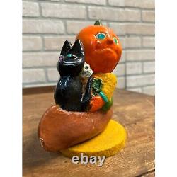 RARE Conteneur de Bonbons d'Halloween Vintage Tête de Citrouille JOL Chat Noir Crâne dans Canoë