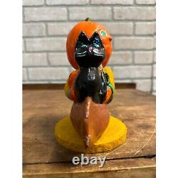 RARE Conteneur de Bonbons d'Halloween Vintage Tête de Citrouille JOL Chat Noir Crâne dans Canoë