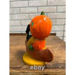 RARE Conteneur de Bonbons d'Halloween Vintage Tête de Citrouille JOL Chat Noir Crâne dans Canoë