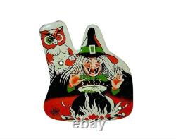 RARE Jouet Métal U. S. en Tôle Lithographiée de Sorcière d'Halloween Vintage avec Hibou et Chaudron