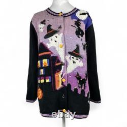 RARE Vintage Histoire Tricot Halloween Cardigan Sorcières, Fantômes, Citrouilles (M)
