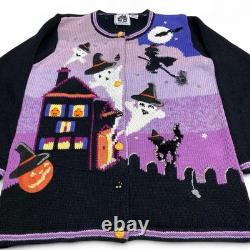 RARE Vintage Histoire Tricot Halloween Cardigan Sorcières, Fantômes, Citrouilles (M)