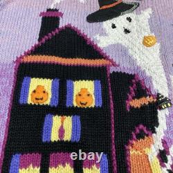 RARE Vintage Histoire Tricot Halloween Cardigan Sorcières, Fantômes, Citrouilles (M)