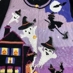 RARE Vintage Histoire Tricot Halloween Cardigan Sorcières, Fantômes, Citrouilles (M)