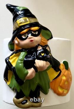 RARE Vintage céramique Halloween des années 1970 Fille Sorcière CHAT Jack O Lantern JOL Jardinière