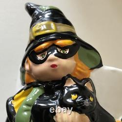 RARE Vintage céramique Halloween des années 1970 Fille Sorcière CHAT Jack O Lantern JOL Jardinière