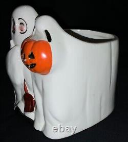 Rare! Pot de fleur en céramique vintage Inarco pour Halloween avec un fantôme farceur ou un enfant qui fait du porte-à-porte pour des bonbons