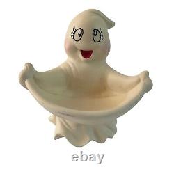 Rare Vintage Halloween Ceramic Ghost Candy Bowl Display Spooky Happy Cute Ghost  
<br/>	<br/>
 Traduction en français: Bol à bonbons en céramique fantôme vintage rare pour Halloween, affichage de fantôme mignon, heureux et effrayant