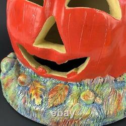Rare Vintage Halloween Céramique Lumière Vers Le Haut Sorcière Crash Citrouille Jack O Lanterne Jol