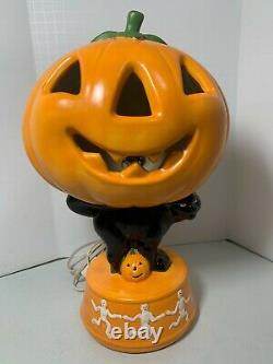 Rare Vintage Light Up Céramique Halloween Jack-o-lanterne Sur Chat Noir Avecskeletons