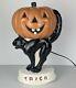 Rare Vintage Light-up Céramique Halloween Pumpkin Jack-o-lantern Sur Black Cat Jol