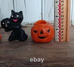 Récipient à bonbons en cire vintage rare : chat noir, jack-o'-lanterne, fille sorcière